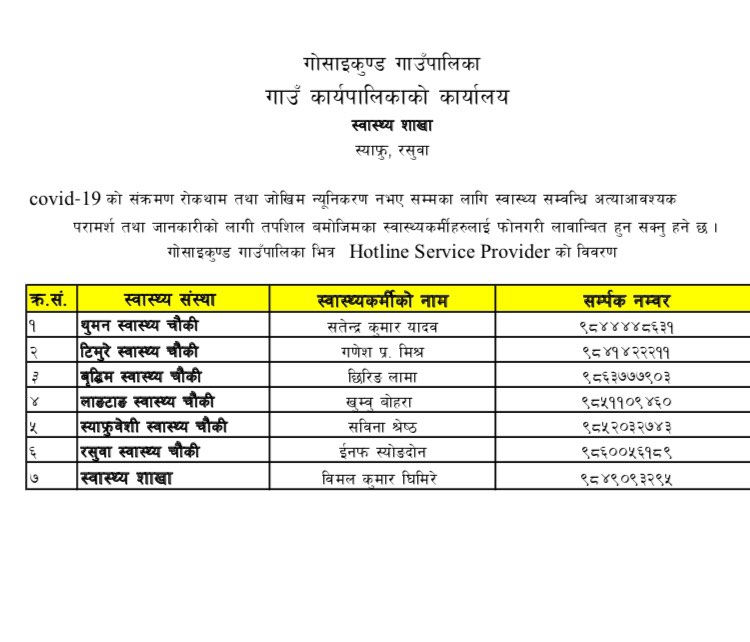 स्वास्थ्य परामर्शका लागि रसुवामा मोबाइल हटलाइन सेवा सुरु